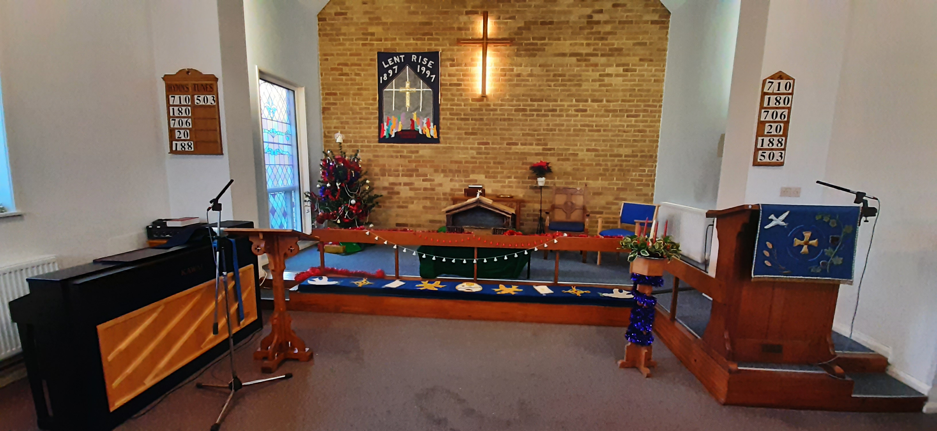 View of the front of the church Inside