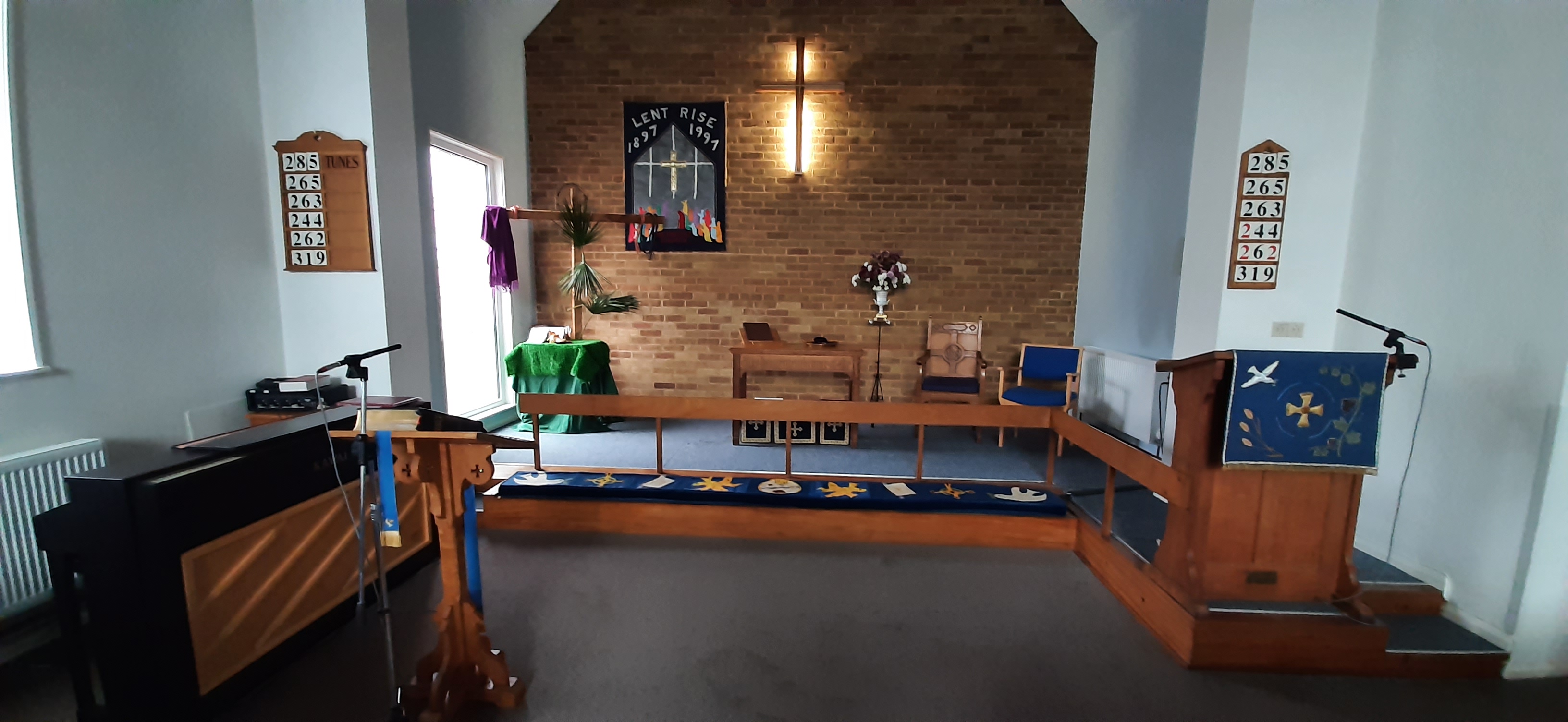 View of the front of the church Inside